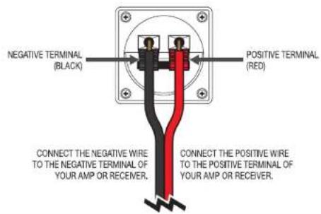 NEGATIVE TERMINAL (BLACK) POSITIVE TERMINAL (RED) CONNECT THE NEGATIVE WIRE TO THE NEGATIVE TERMINAL OF YOUR AMP OR RECEIVER. CONNECT THE POSITIVE WIRE TO THE POSITIVE TERMINAL OF YOUR AMP OR RECEIVER.
