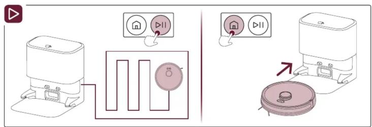 Schéma montrant deux étapes de fonctionnement d'un appareil : l'une avec un panneau de commande et l'autre avec un aspirateur, tous deux connectés à un dispositif circulaire.