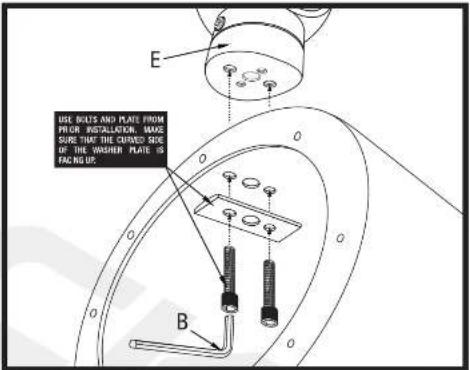 USE BELTS AND PLATE FROM PRIER INSTALLATION: MAXE SURE THAT THE CURVED SIDE OF THE WASHER PLATE IS FACING UP. E B