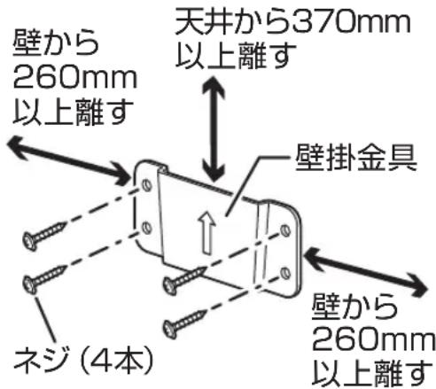 壁から 260mm 以上離す 天井から370mm 以上離す 壁掛金具 壁から 260mm 以上離す ネジ (4本)