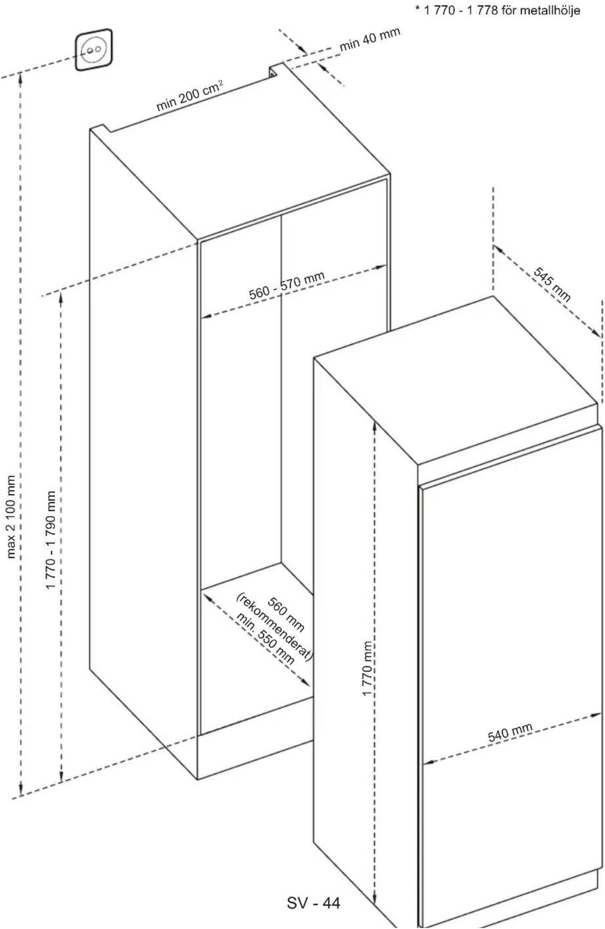 min 200 cm² min 40 mm * 1 770 - 1 778 för metallhölje 560 - 570 mm 545 mm max 2 100 mm 1 770 - 1 790 mm 560 mm (rekommenderat) min 550 mm 1 770 mm 540 mm SV - 44
