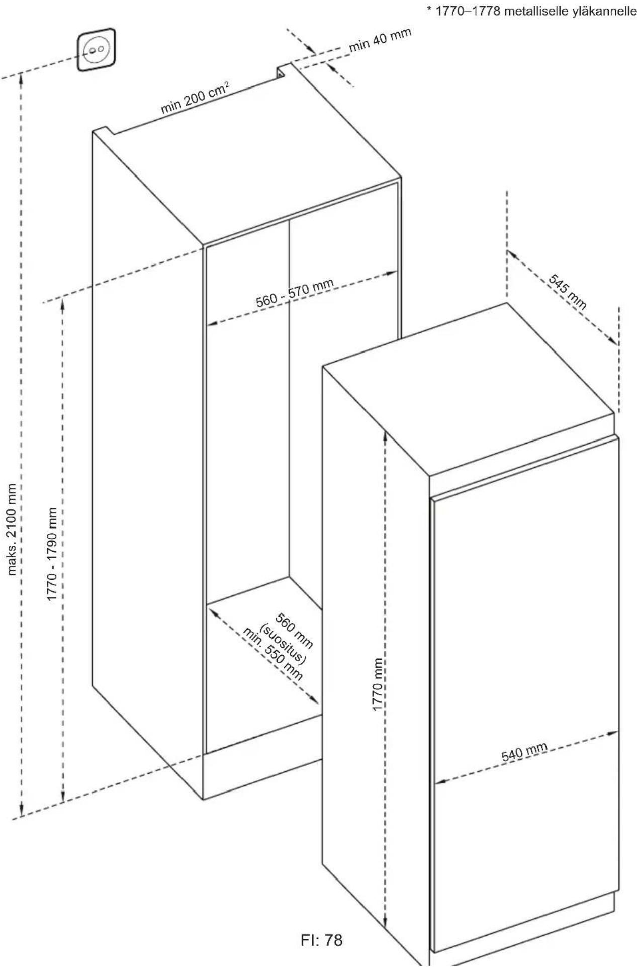 min 200 cm² min 40 mm 560 - 570 mm maks. 2100 mm 1770 - 1790 mm 560 mm (suositus) min. 550 mm 1770 mm 540 mm FI: 78 * 1770-1778 metalliselle yläkannelle
