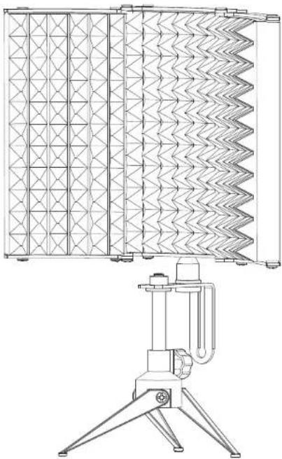 Technical line drawing of a mechanical device with grid-patterned panel and tripod base (no text or symbols)