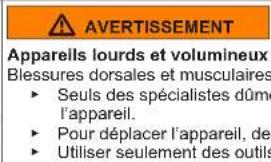 AVERTISSEMENT Appareils lourds et volumineux Blessures dorsales et musculaires ► Seuls des spécialistes dûment qualifiés doivent manipuler l'appareil. ► Pour déplacer l'appareil, utiliser des équipements appropriés. ► Utiliser seulement des outils adaptés.