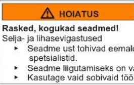HOIATUS Rasked, kogukad seadmed! Selja- ja lihasevigastused ► Seadme ust tohivad eemaldada ainult spetsialistid. ► Seadme liigutamiseks on vajalikud sobivad töövahendid. ► Kasutage vaid sobivaid töövahendeid.