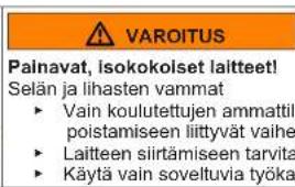 VAROITUS Painavat, isokokolset laitteet! Selän ja lihasten vammat ► Vain koulutettujen ammattil poistamiseen liittyvät vaihe ► Laitteen siirtämiseen tarvita ► Käytä vain soveltuvia työka