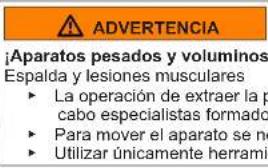 ADVERTENCIA ¡Aparatos pesados y voluminosos! Riesgo de lesiones de espalda y musculares. ► La operación de extraer la pieza debe ser realizada por especialistas formados. ► Para mover el aparato se necesita personal capacitado. ► Utilizar únicamente herramientas adecuadas.