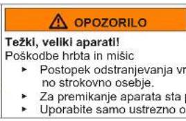 OPOZORILO Težki, veliki aparati! Poškodbe hrbta in mišic ► Postopek odstranjevanja vno strokovno osebje. ► Za premikanje aparata sta p ► Uporabite samo ustrežno o