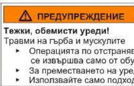 ПРЕДУПРЕЖДЕНИЕ Тежки, обемисти уреди! Травми на гърба и мускулите ► Операцията по отстраняване се извършва само от обучен персонал. ► За преместването на уреда използвайте само подходящо оборудване.