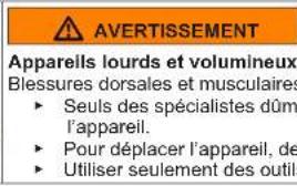 AVERTISSEMENT Appareils lourds et volumineux Blessures dorsales et musculaires ► Seuls des spécialistes dûment qualifiés doivent manipuler l'appareil. ► Pour déplacer l'appareil, utiliser des équipements appropriés. ► Utiliser seulement des outils adaptés.