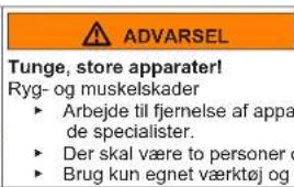 ADVARSEL Tunge, store apparater! Ryg- og muskelskader ► Arbejde til fjernelse af apparater skal udføres af specialister. ► Der skal være to personer til stede. ► Brug kun egnet værktøj og udstyr.