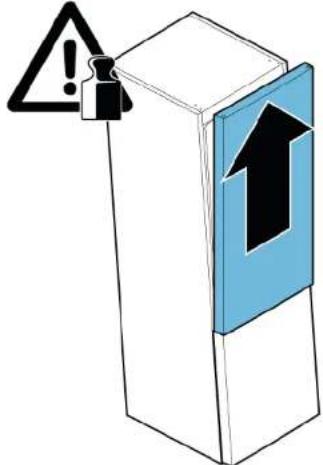 Warning sign with warning symbol and upward arrow inside a blue box, indicating caution or hazard