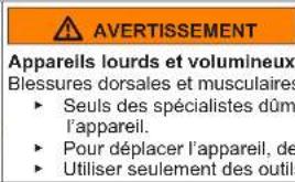 AVERTISSEMENT Appareils lourds et volumineux Blessures dorsales et musculaires ► Seuls des spécialistes dûment qualifiés doivent manipuler l'appareil. ► Pour déplacer l'appareil, utiliser des équipements appropriés. ► Utiliser seulement des outils adaptés.