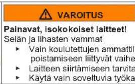 VAROITUS Painavat, isokokolset laitteet! Selän ja lihasten vammat ► Vain koulutettujen ammattil poistamiseen liittyvät vaihe ► Laitteen siirtämiseen tarvita ► Käytä vain soveltuvia työka