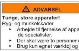 ADVARSEL Tunge, store apparater! Ryg- og muskelskader ► Arbejde til fjernelse af apparater skal udføres af specialister. ► Der skal være to personer til stede. ► Brug kun egnet værktøj og udstyr.