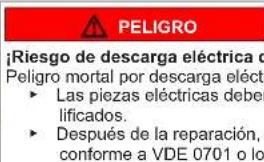 PELIGRO ¡Riesgo de descarga eléctrica! Peligro mortal por descarga eléctrica. • Las piezas eléctricas deberán ser revisadas por personal cualificado. • Después de la reparación, realizar una prueba conforme a VDE 0701 o similar.