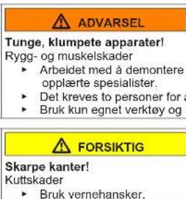 ADVARSEL Tunge, klumpete apparater! Rygg- og muskelskader ► Arbeidet med å demontere opplærte spesialister. ► Det kreves to personer for å ► Bruk kun egnet verktøy og i FORSIKTIG Skarpe kanter! Kuttskader ► Bruk vernehansker.