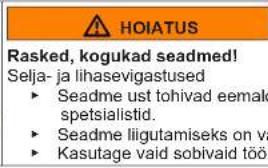 HOIATUS Rasked, kogukad seadmed! Selja- ja lihasevigastused ► Seadme ust tohivad eemaldada ainult spetsialistid. ► Seadme liigutamiseks on vajalikud sobivad töövahendid. ► Kasutage vaid sobivaid töövahendeid.