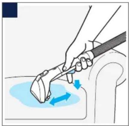 Illustration of a hand using a tool to lift a blue liquid in a chair (no text or symbols)