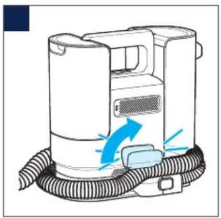 Illustration of a vacuum cleaner with blue airflow arrows indicating motion (no text or symbols)