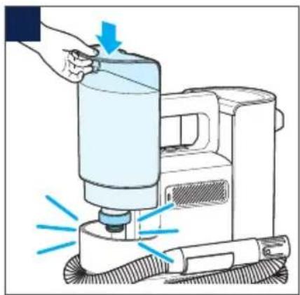 Illustration of a hand using a water purifier to press down a surface, with blue arrows indicating motion (no text or symbols)