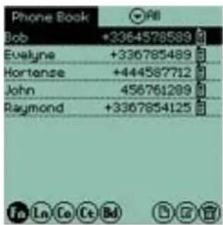 Phone Book Bob +3364578589 Evelyne +336785489 Hortense +444587712 John 456761209 Raymond +3367854125