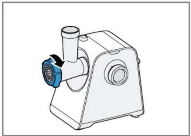Technical line drawing of a mechanical device with a blue connector and arrow indicating rotation (no text or symbols)