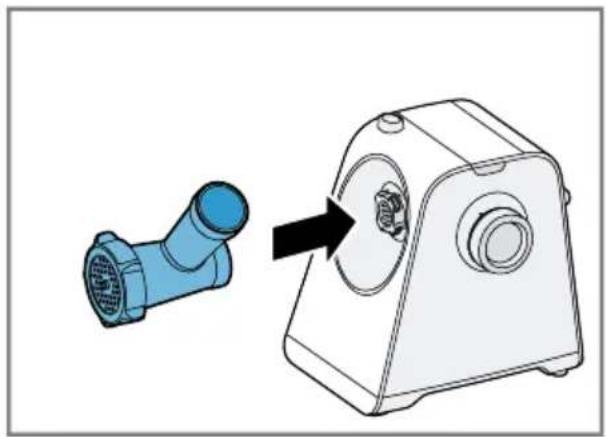 Illustration of a blue plastic pipe fitting next to a white industrial machine component, with an arrow pointing to the component (no text or symbols present)