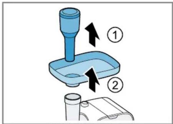 Diagram showing a blue mechanical device with two labeled parts (① and ②) indicating assembly or installation steps.