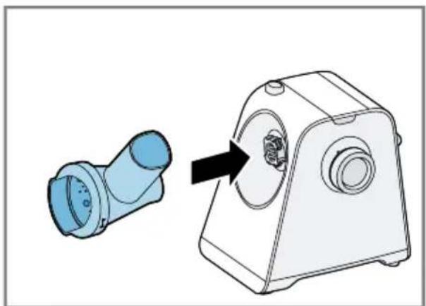 Diagram showing a blue connector being inserted into a white mechanical device (no text or symbols present).