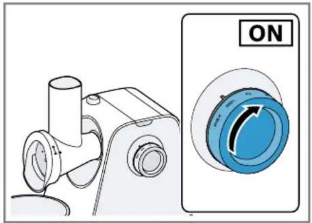 Diagram of a mechanical device with a blue rotary knob labeled 'ON' (no text or symbols on the device itself).