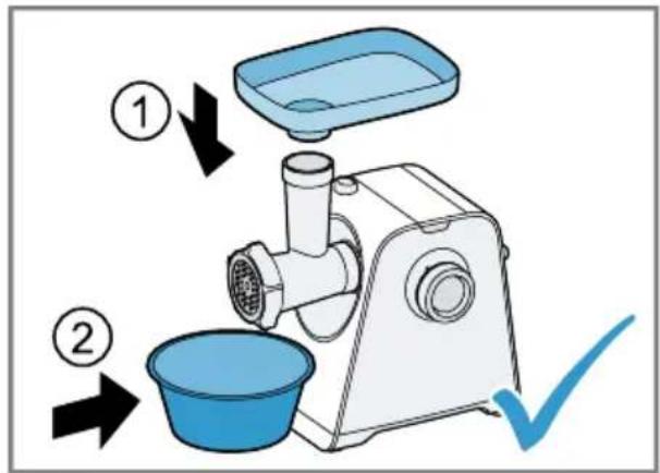 Diagram of a food grater with labeled parts and a checkmark indicating inspection or testing.