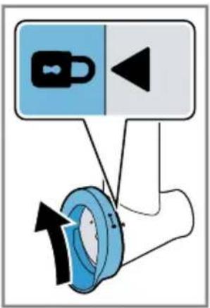 Diagram showing a device with lock and directional arrow, likely illustrating a mechanical or electrical component.