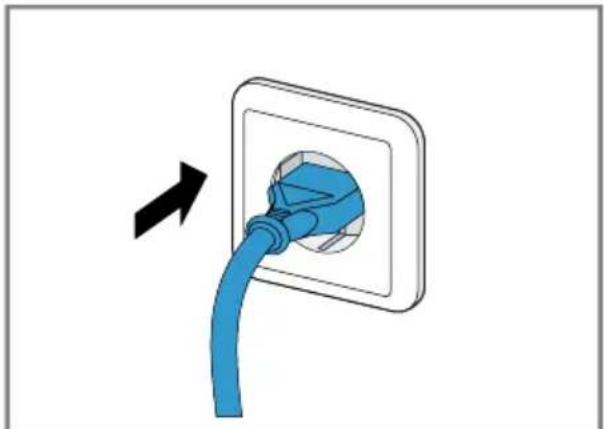 Illustration of a blue electrical plug inserted into a wall socket, with an arrow indicating direction (no text or symbols)