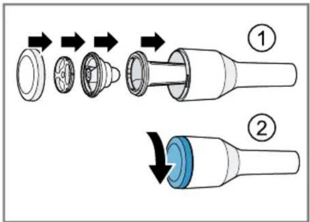 Diagram illustrating two-step assembly of a mechanical component with labeled parts and directional arrows indicating process flow.