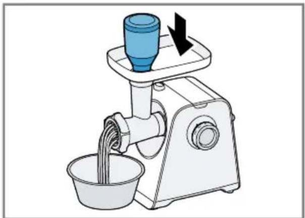 Illustration of a manual hand presser with a blue cup and arrow indicating compression (no text or symbols)