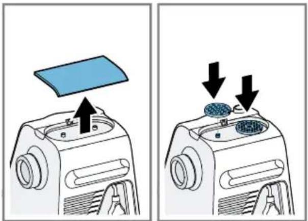 Diagram showing two steps of a device with a blue cover and arrows indicating process, including a magnified view of the component.
