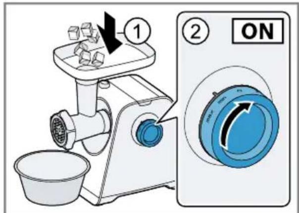 Diagram showing a manual kitchen tool and its ON/OFF control panel with labeled parts and directional arrow