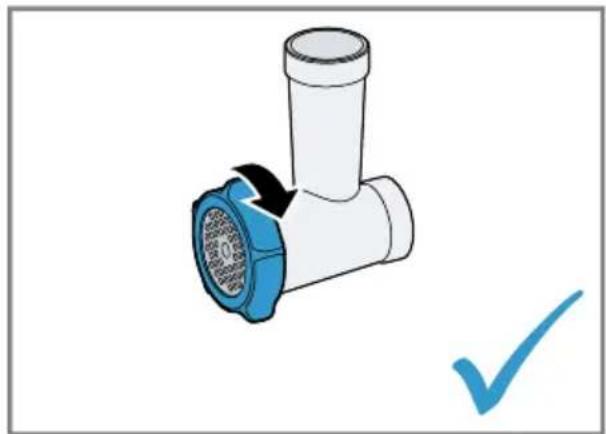 Illustration of a pipe fitting with a blue cover and black arrow indicating rotation, accompanied by a blue checkmark (no text or symbols)