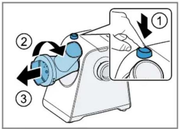 Diagram showing a washing machine operation with numbered steps and a magnified view of the hand adjusting the button.