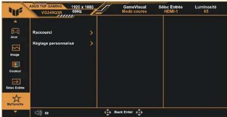 ASUS TUF GAMING 1920 x 1080 VG249Q3R 60Hz GameVisual Mode course Sélec Entrée HDMI-1 Luminosité 65 Raccourci > Réglage personnalisé > MyFavorite 50 Back Enter