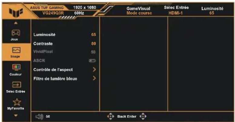 ASUS TUF GAMING 1920 x 1080 VG249Q3R 60Hz GameVisual Mode course Sélec Entrée HDMI-1 Luminosité 65 Contraste 80 VividPixel 50 ASCR Contrôle de l'aspect > Filtre de lumière bleue > Joux Image Couleur Sélec Entrée MyFavorite 50 Back Enter
