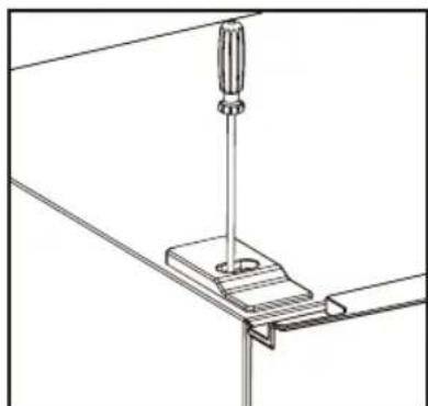 Technical line drawing of a mechanical assembly with a screwdriver inserted into a bracket (no text or symbols)