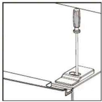 Technical line drawing of a mechanical assembly with a screwdriver inserted into a bracket (no text or symbols)