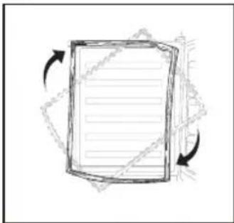 Simple line drawing of a folded document with arrows indicating rotation (no text or symbols)