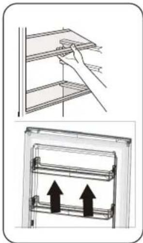 Technical illustration showing a hand installing or adjusting a shelf panel and a mechanical device with two upward arrows (no text or symbols)