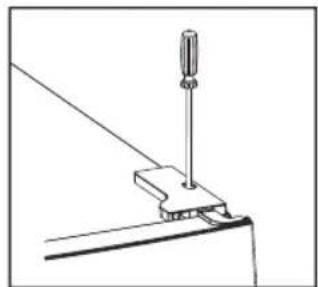 Technical line drawing of a mechanical clamp or bracket with a screwdriver inserted (no text or symbols)