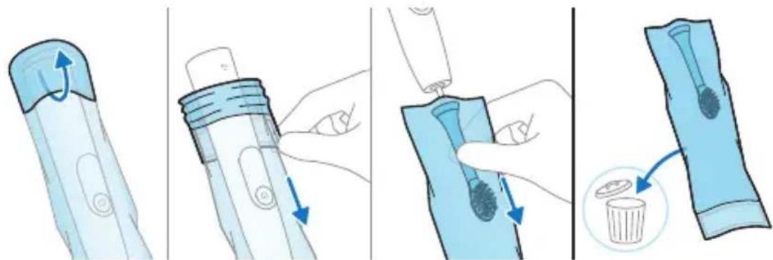 Illustration showing step-by-step instructions for using a tool to adjust a device, with a magnified view of the device being removed.