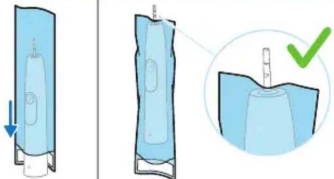 Diagram illustrating the step-by-step process of an electric toothbrush, showing before-and-after states and a green checkmark indicating the final state.