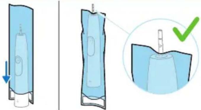 Diagram illustrating the step-by-step procedure of an electric toothbrush, showing removal and inspection steps with a green checkmark.